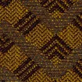 Chevron fabric swatch in dark brown and gold tones features a raised, textured weave with a visible grid pattern and a white label.